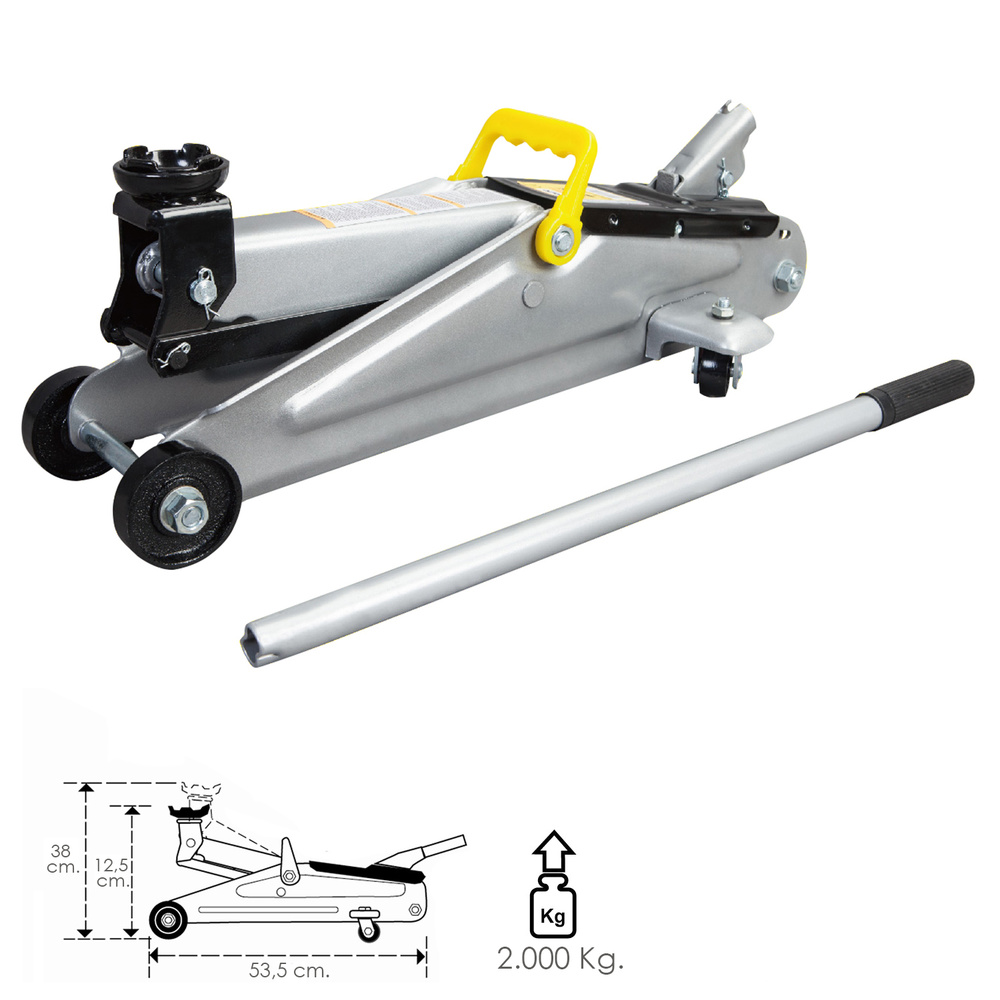 - Elevación máxima de peso: 2.000 kg. - Altura mínima / máxima: 125 / 380 mm. - Largo: 535 mm. - Con ruedas.
